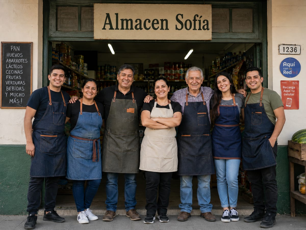 Equipo de un almacén chileno en la entrada de su comercio